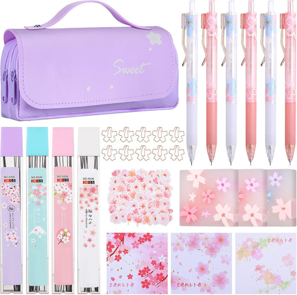 Crtiin 74 Pcs Kawaii Cherry Blossom Stationery Set - Includes Mechanical Pencil, Erasers, and Stickers