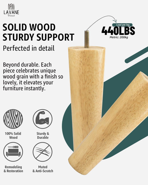 La Vane 7 inch 18cm 5/16 inch Set 4 / Solid Wood Furniture Legs - Tapered Replacement Feet with Thread & Mounting