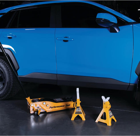 Performance Tool Ratchet Style Jack Stand Set, 3-Ton, Yellow, for Lifting Vehicles During Maintenance