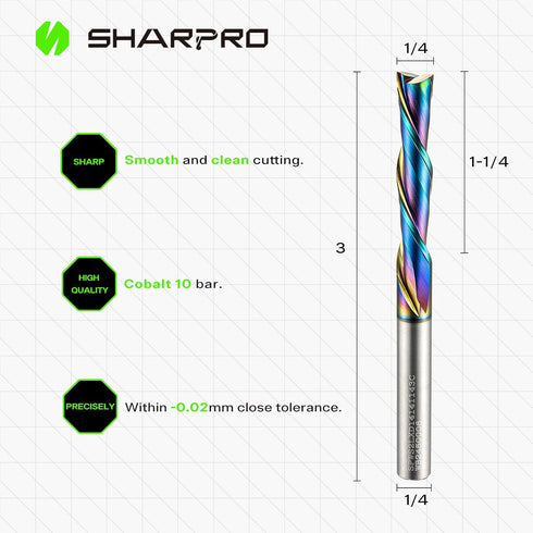 1/4 1/4 Aluminum,1-1/4" CL,3" Downcut Router Bit Shank, Spiral CNC Router Bits with Coating, Down Cut Carbide End Mills