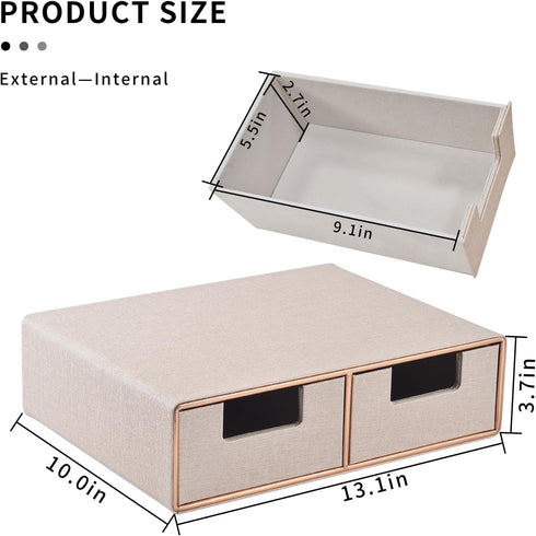 Linen Leather Desk Organizer with Drawers, Mini Stackable Desktop Storage Box for Office Supplies, Toiletries (Beige,