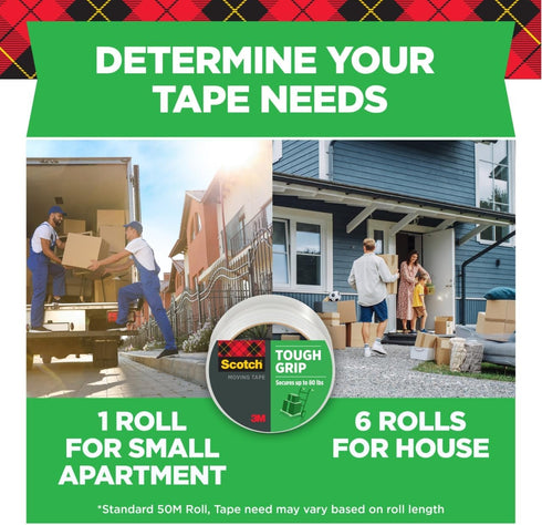 Scotch Tough Grip Moving Packing Tape, Clear, 1.88 in. x 43.7 yd., 3 Tape Rolls