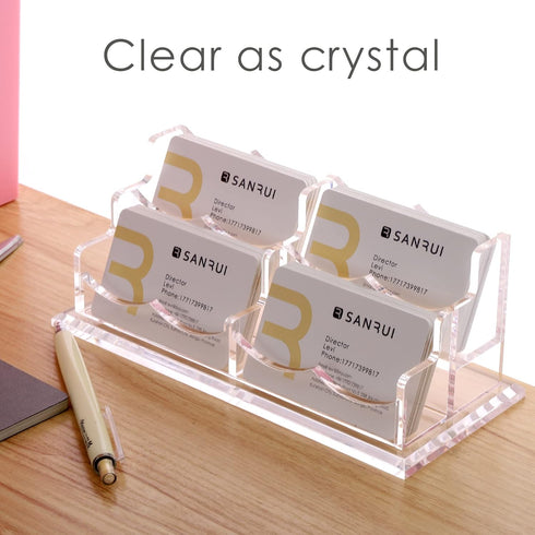 SANRUI Clear Horizontal Business Card Holder Stand - Acrylic Desktop Display Organizer for 240 Cards, 2 Tier 4 Pocket