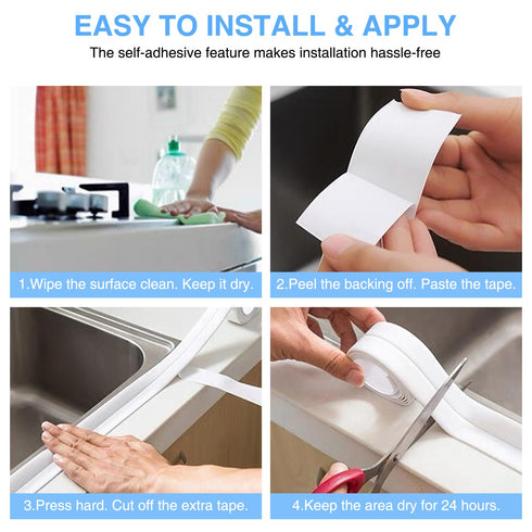 Caulk Tape Bath & Kitchen, Self Adhesive Waterproof Caulking Tape, Traditional Caulking Replacement (White, 1.5"x10.5Ft)