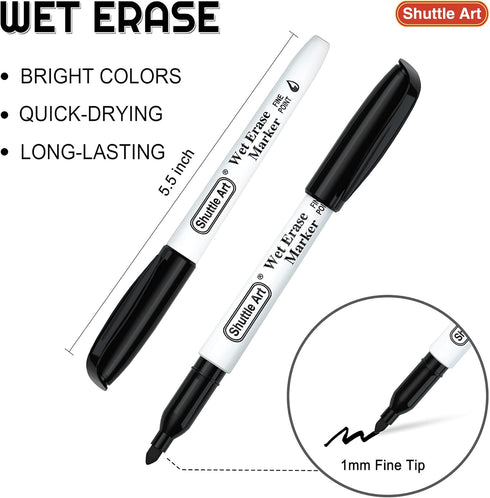 Shuttle Art Wet Erase Markers, 15 Pack Black 1mm Fine Tip Smudge-Free Markers, Use on Laminated Calendars,Overhead Projectors,Schedules,Whiteboards,Transparencies,Glass,Wipe with Water by Shuttle Art