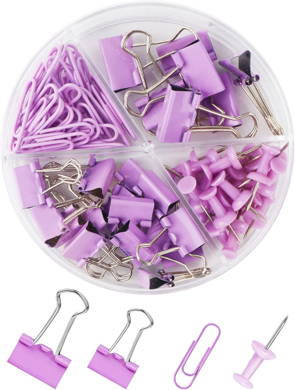 Purple Binder Clips and Paper Clips Push Pins Tacks Sets, Total 72 PCS Assorted Sizes Office Supplies Set for Women,
