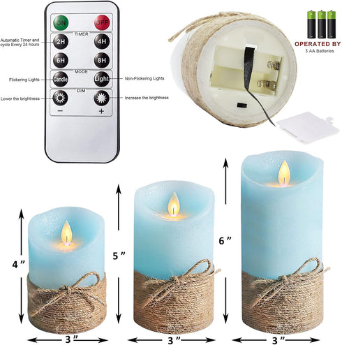Set 3 Ocean Blue Flameless Candles, Nautical Themed Led Pillar Candles with Remote & Timer, Decorative Flickering