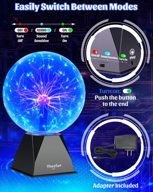 8 Inch Theefun Blue Plasma Ball: Huge Plasma Globe Birthday Gifts Touch & Sound Sensitive Plasma Ball Lamp Electric