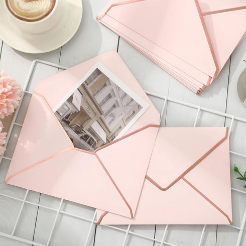 Whaline 50Pcs Blush Pink Invitation Envelopes with Rose Gold Border, V-Flap Gift Card Sleeves for Mailing, 7.3x5.3 Inch