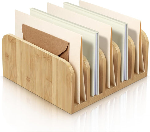 Bamboo Desk Mail Organizer, 5 Compartments File Holders, Countertop Paper Organizer for Home Office School