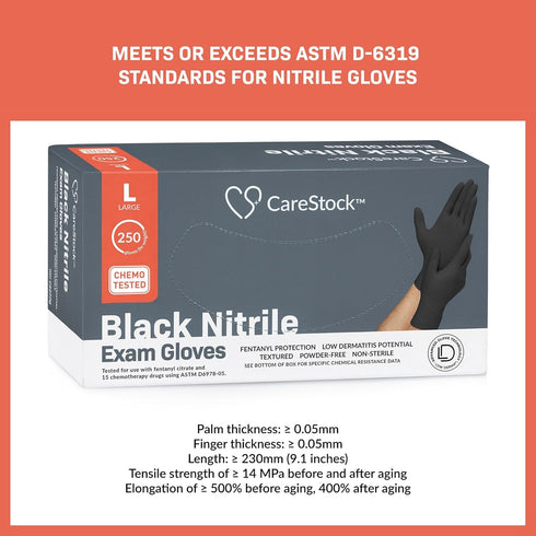 Black Nitrile Exam Gloves, Ultra-Strong Disposable Powder-Free Medical Gloves for Cooking & Healthcare, Large, 250 Count