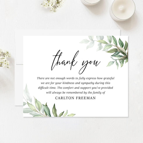 5.5x4.25 Personalized Greenery Funeral Thank You Cards with Envelopes, Flat Sympathy Memorial Cards