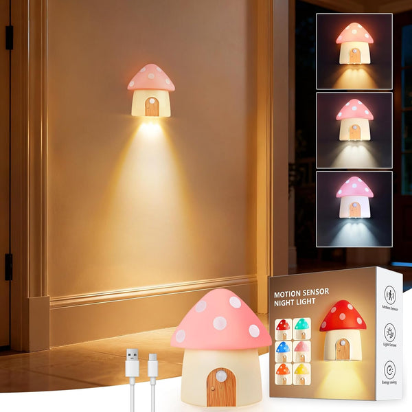 StarryEver Mushroom Night Light, Rechargeable Motion Sensor Lights, 3 Color Temperatures 3000/4500/6000K &