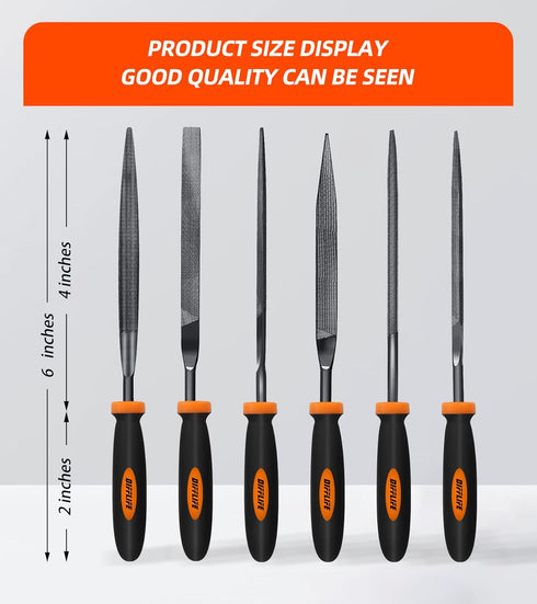 Needle File Set, 6-Piece Carbon Steel with Flat, Square, Triangular, Round, Half-Round Files