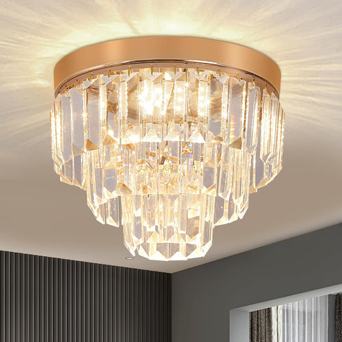 Crystal Flush Mount Ceiling Light 3-Tier Modern K9 Crystal Chandelier Gold Mini