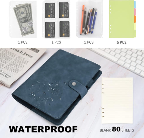 FYY Leather A5 Binder, 6 Ring Notebook, Refillable Planner with Pockets, A5 Dividers, Navy Travel Journal Cover