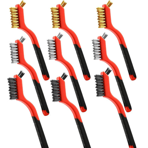 Wire Brush 9Pcs Metal Scrubber - Nylon/Brass/Stainless Steel Bristles with Curved Handle
