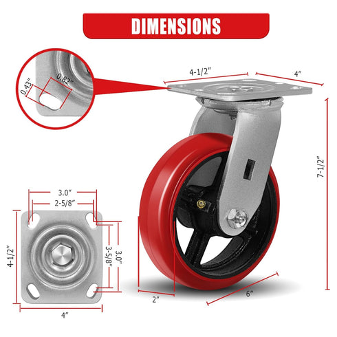 6"X2" Heavy Duty Industrial Casters, Crowned Polyurethane Tread Cast Iron Center Wheels, 1200 lbs Load Capacity