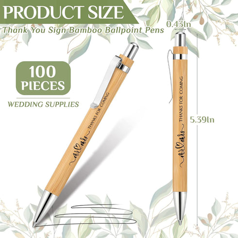 Bridal Shower Pens - Bamboo Retractable Ballpoint Pen Wedding Favors Bulk (100 Pieces) | Guest Book Pens for Bridal