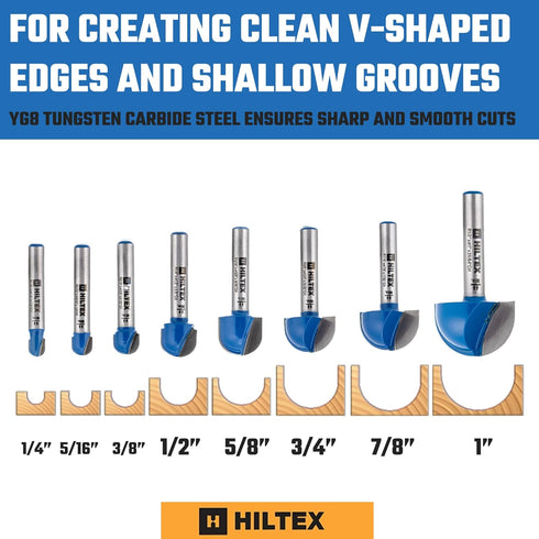 Hiltex 10107H Set, 8 1/4 Inch 1/4" 5/16" 3/8" 1/2" 5/8" 3/4" 7/8" 1" Cove Box Router Bit Pieces, Shank, Double Flute