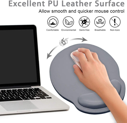 Mouse Pad Leather Wrist Rest Support, Ergonomic Memory Foam Mouse Wrist Rest Pad for Computer Pain Relief, Grey