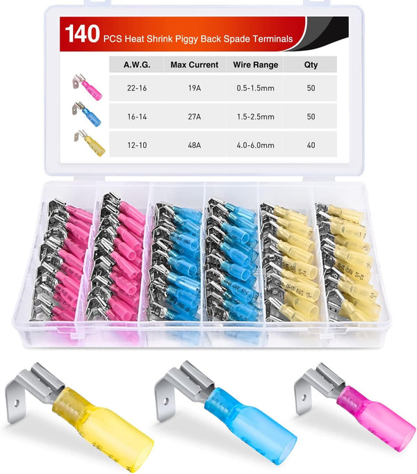 Nilight 140PCS Heat Shrink Piggy Back Spade Terminals, Assortment Kit for 22-16/16-14/12-10 AWG