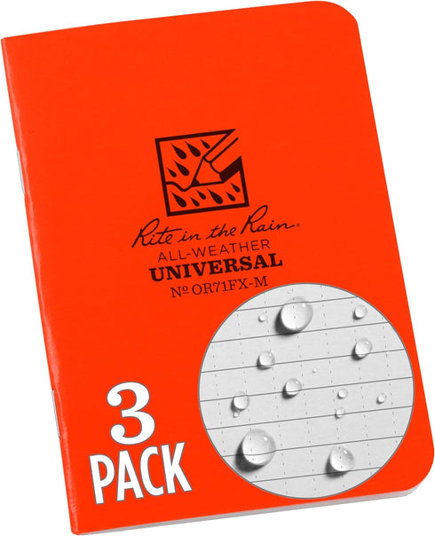 Rite in the Rain Mini Stapled Notebook, Weatherproof, 3.25" x 4.625", Orange Cover, Universal Pattern, 3 Pack (No.