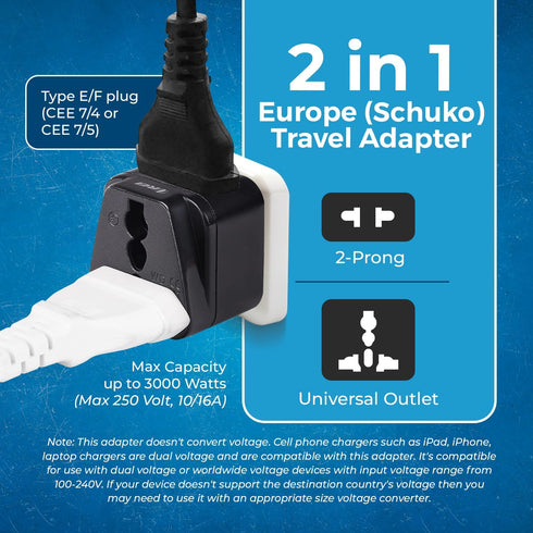 OREI European Adapter Plug, Travel Adapter for Europe Schuko Countries 2 in 1, 4 Pack for Germany, France, Spain