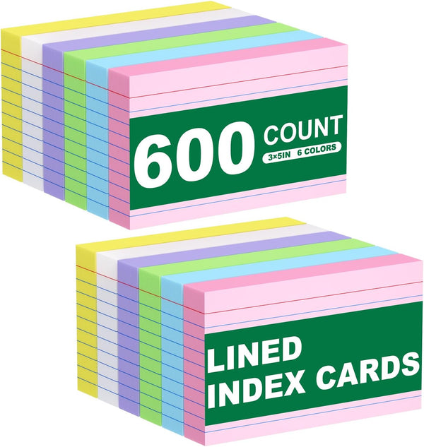 600 Count Colored Index Cards 3x5 in Ruled Flash Cards for Studying,