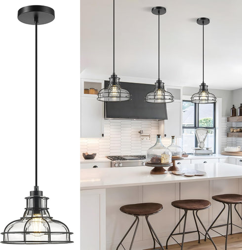 Industrial Pendant Lights Kitchen Island Black 8.7", Hanging Light Fixtures with Clear