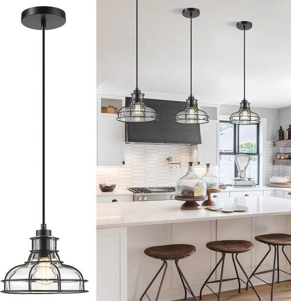 Industrial Pendant Lights Kitchen Island Black 8.7", Hanging Light Fixtures with Clear