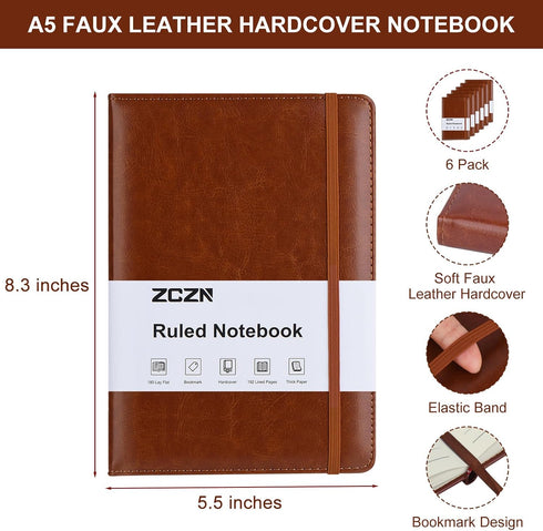 5.5x8.3 192 A5 (Brown*6) ZCZN Lined Journal Notebooks for Work, in, Pages, Hardcover Leather Journals for Writing