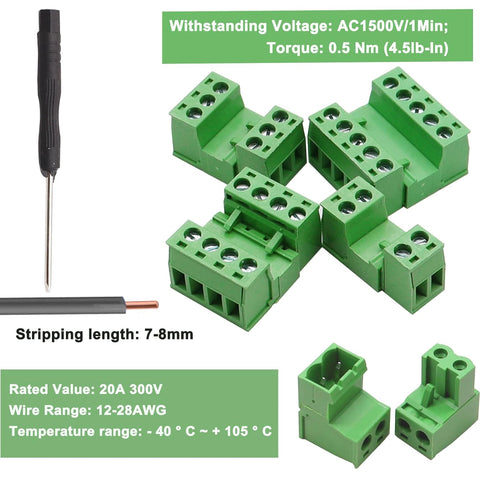 Tnisesm 21Pcs Screw Terminal Block Connector Kit, 5.08mm Pitch Pluggable (2Pin 3Pin 4Pin 5Pin) 300V 15A for 28-12AWG