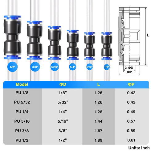 TAILONZ PNEUMATIC 60 pcs Straight Push Connectors Plastic Quick Release Connectors Air Line Fittings for 1/8 5/32 1/4 5/16 3/8 1/2Tube (2 Way)