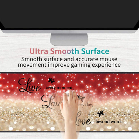 Desk Pad Gaming Mouse Pad with Coasters, 31.5"x 11.8" Large Non-Slip Rubber Base Mousepad, Red Glitter Quote