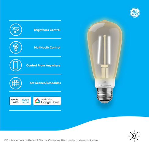 Bulb, ST19 60W (Pack 2) Cync GE Smart LED Light Edison Style, Works with Amazon Alexa and Google Home, WiFi Light, Soft