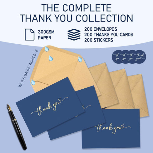 Frelimiu 200 Pack Set 4x6 Thank You Cards With Envelopes Gold Foil Bulk & Stickers Thank You Notes Blank Personalizable