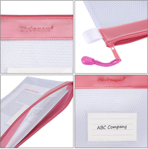 Zipper Pouch, Wisdompro 4 Packs Durable Letter Size Waterproof Mesh File Bag, Document Organizer - Pink