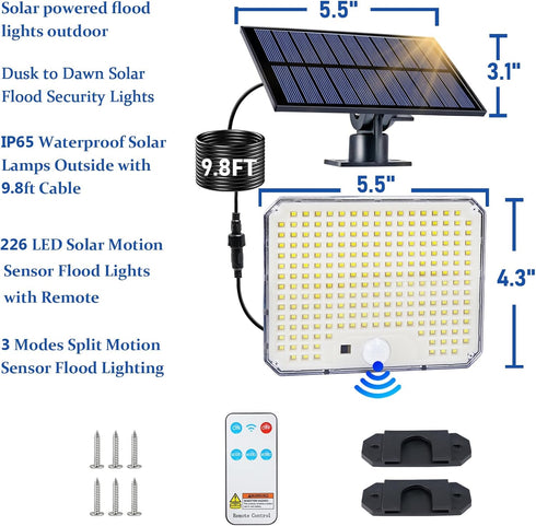 226 3 (1 Pack) Solar Flood Lights Outdoor, LEDs Flood Lights Motion Sensor, Dusk to Dawn Solar Outdoor Lighting