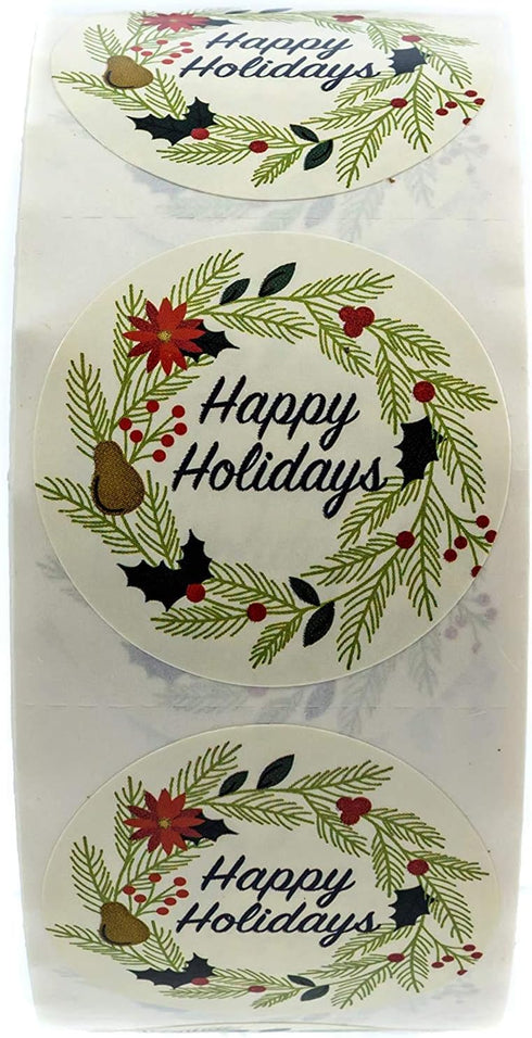 Ivory Holiday Floral Happy Holidays Stickers, 1000 White Wreath Christmas Labels Roll, 1.5" Round Seals