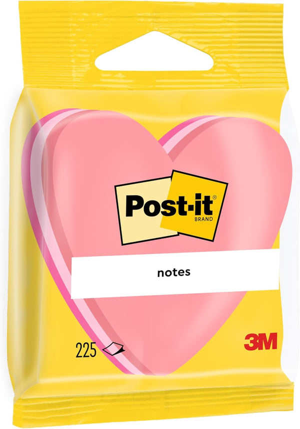 Post-it Notes, 225 Heart Shape Sticky Notes, 70 x 70mm, Pink for Desk, Office, School