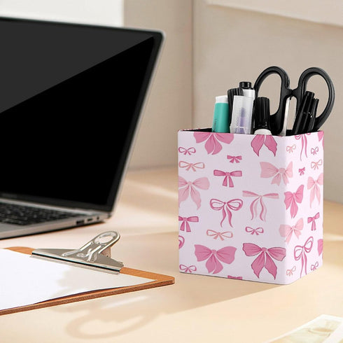 DOHTDGT 4.3" Pink Bow Tie PU Leather Pen Holder for Desk, Pencil Cup Makeup Brush Holder, Desk Organizer for Office