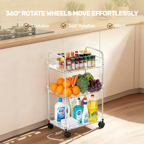 Betoveren 3 Tier Utility Rolling Cart with Wheels Multifunctional Storage Cart Clear Movable Storage Organizer