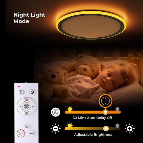 13in Dimmable 2000K, 3000K-6500K 24W BLNAN LED Flush Mount Ceiling Light Fixture with Remote Control, Night Light Wired