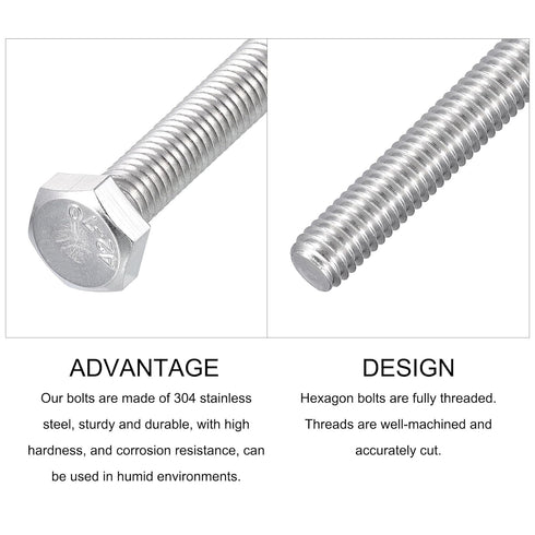 Hex Bolts (M6-1x70mm) 15Pcs, Fully Threaded Coarse Hex Head Screw Bolt Machine Screws - 304 Stainless Steel, Silver