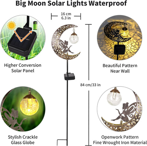 Solar Garden Lights Outdoor Decor,Moon Fairy Crackle Glass Lights,Waterproof Warm White LED Metal Stake Ornament