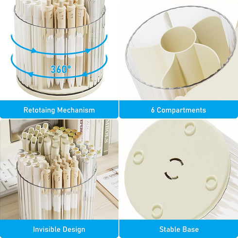 Marte Vanci 360 Degree Rotating Desk Organizer, Beige Pencil Holder for Makeup, Craft, and Stationery - 6 Slots