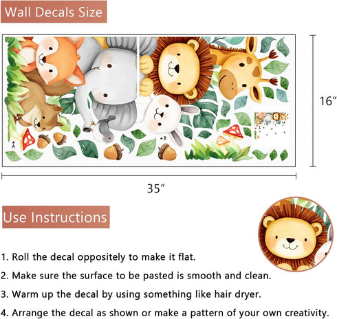 Yovkky Jungle Animals Wall Decals Stickers, Safari Giraffe Lion Elephant Fox Bunny Squirrel Bird Toddler Baby Nursery