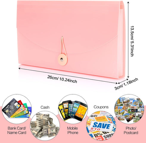 Oak-Pine 13 Pocket Receipt Folder, Accordion File Organizer, Expanding File Folder, Plastic Check Bill Folder, Pink