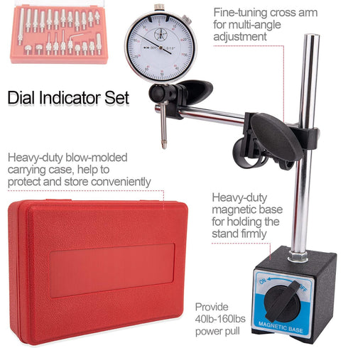 Dial Indicator with Magnetic Base Holder, Precision Inspection Set, 0-1.0" Tester Gage, 0.001" Precision Dial Test